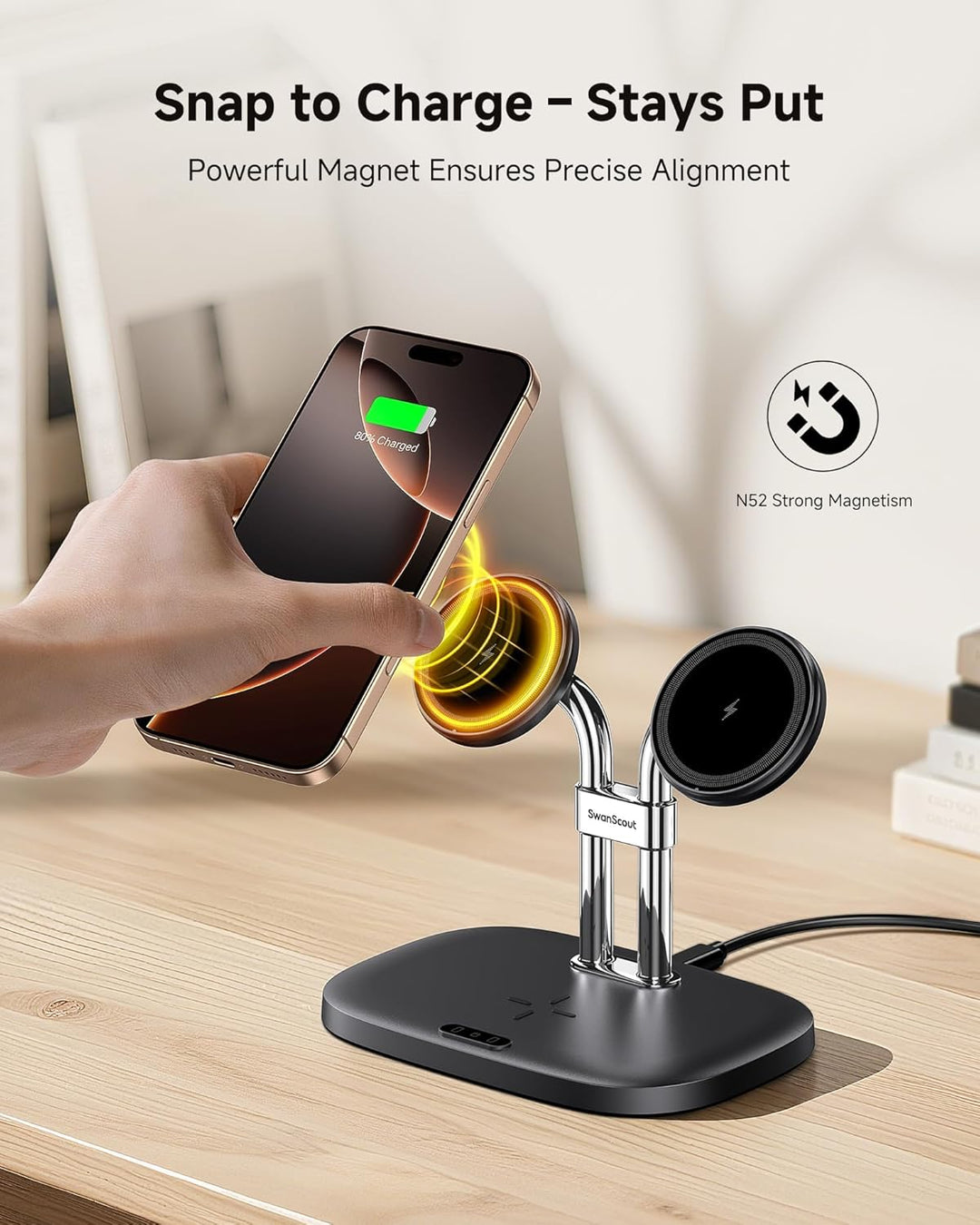 SwanScout Induktive Ladestation für iPhone 17/Air, SwanScout 706M, Mag-Safe Doppel Ladestation Kompa