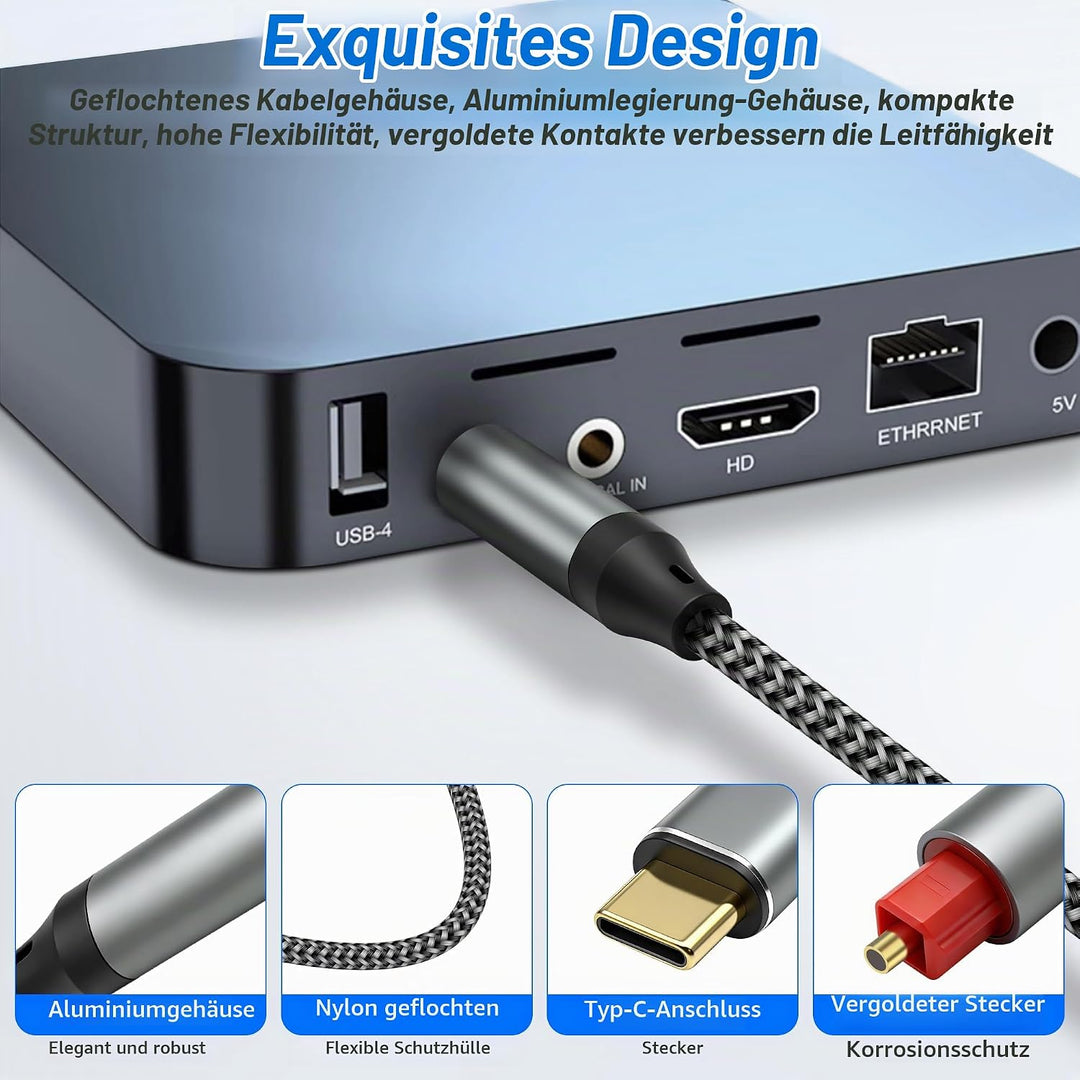 MEIRIYFA USB C auf Optisches Audiokabel, Unidirectional USB Typ C Male auf SPDIF Port Male Glasfaser
