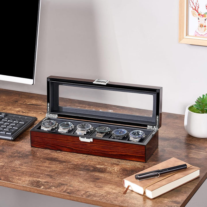 BEWISHOME Uhrenbox aus Holz für Herren – Luxus-Uhrengehäuse, Echtglas-Oberseite, glattes Kunstleder