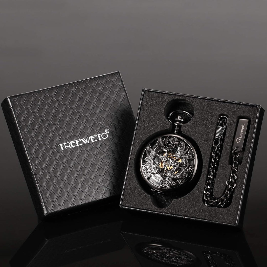 TREEWETO Unisex Retro Taschenuhr Herren mit Kette analog Handaufzug Drache Phönix Skelett Römische S