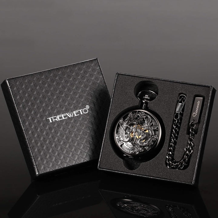 TREEWETO Unisex Retro Taschenuhr Herren mit Kette analog Handaufzug Drache Phönix Skelett Römische S