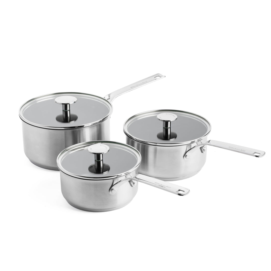 KitchenAid Stainless Steel Stielkasserollen-Set (16cm, 18cm & 20cm), PFAS-freie keramische Antihaftb