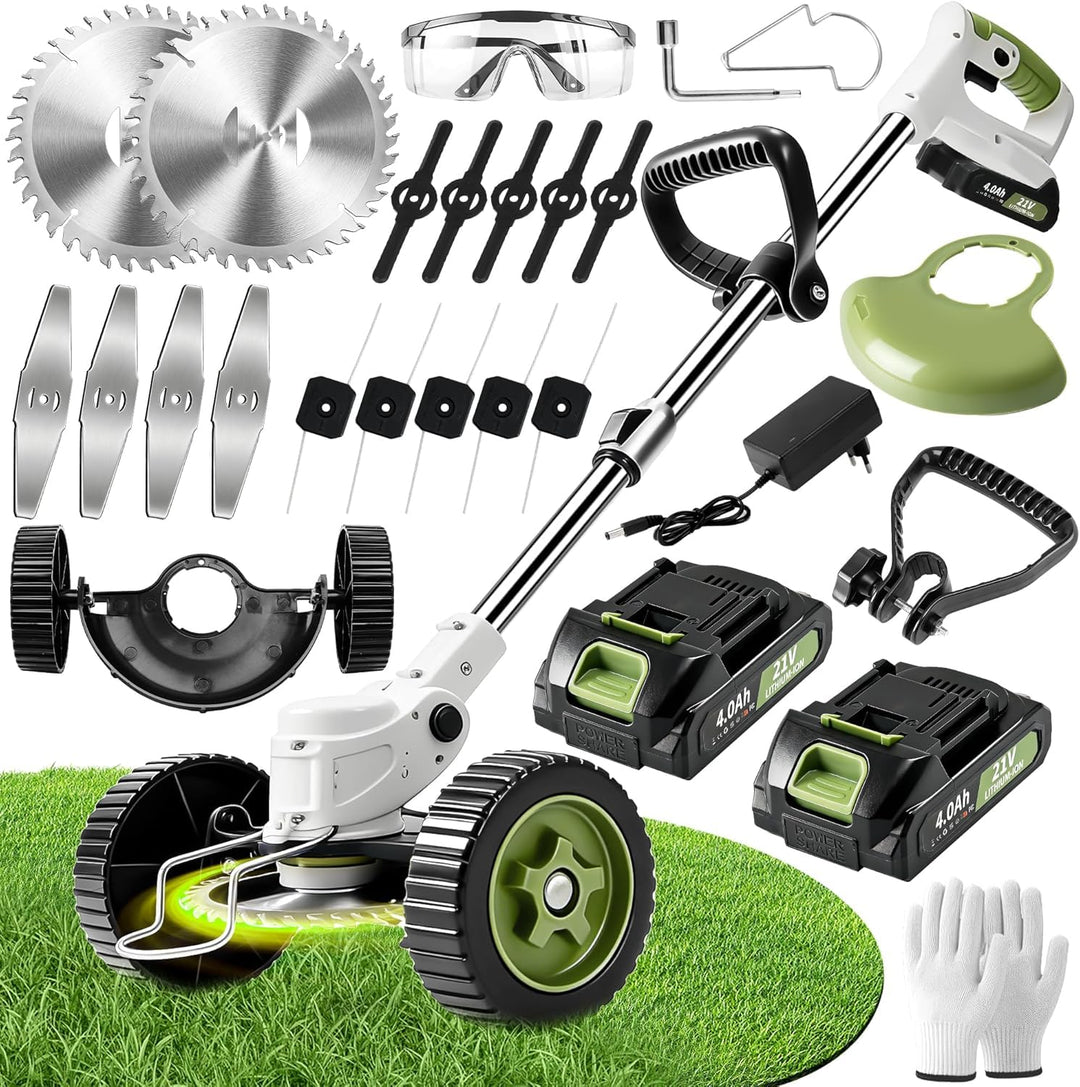 Rasentrimmer mit Akku - Cordless Lawn Strimmer with Wheels 2 Batteries 6 Metal Blades 10 Plastic Bla