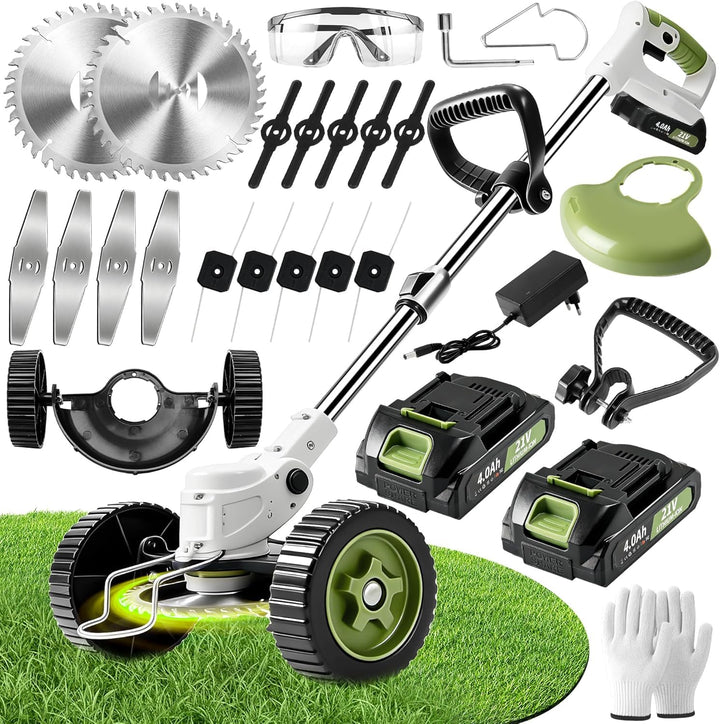 Rasentrimmer mit Akku - Cordless Lawn Strimmer with Wheels 2 Batteries 6 Metal Blades 10 Plastic Bla