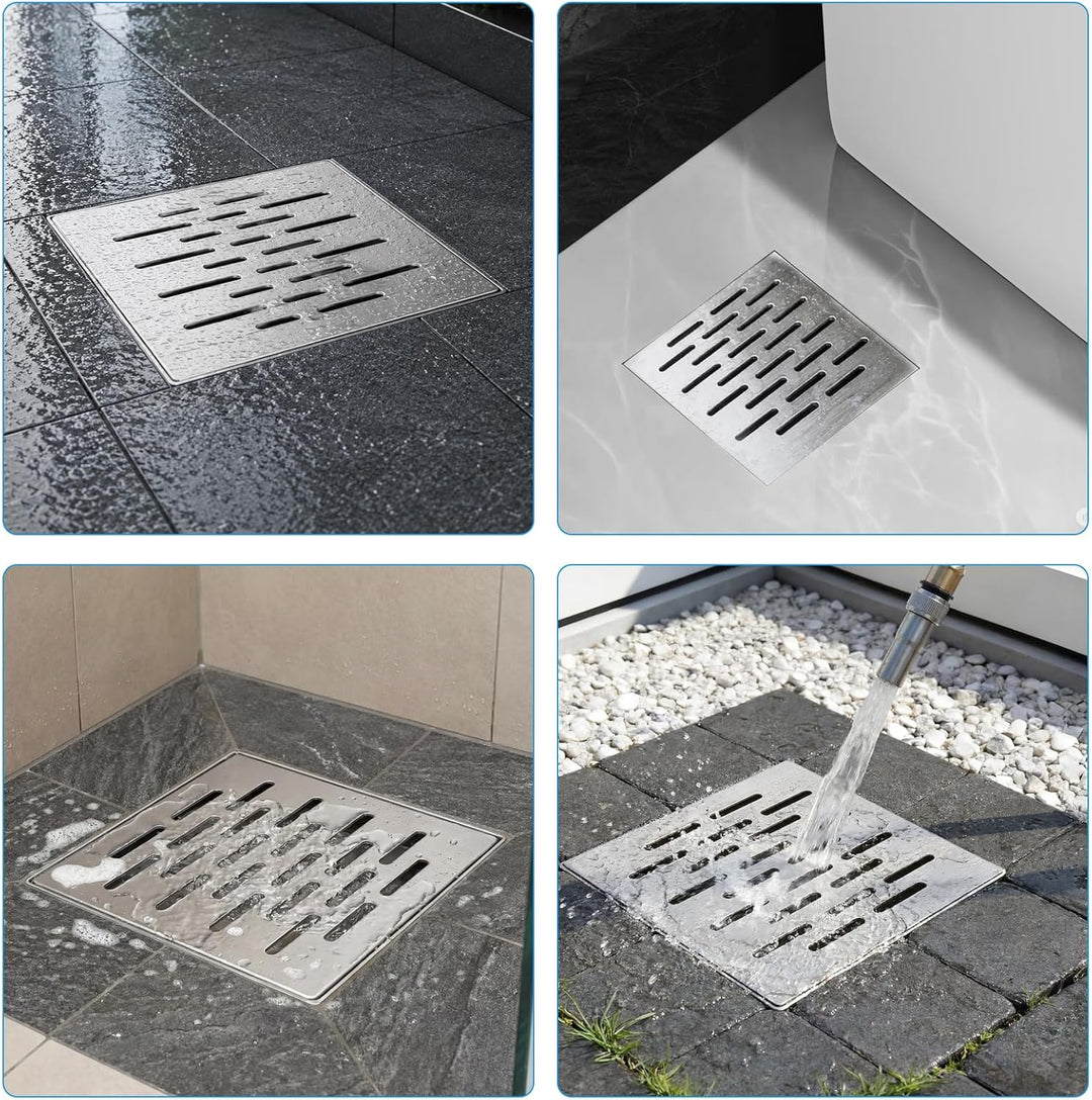 Edelstahl Bodenablauf mit Rahmen, 150x150x20MM Abflussgitter Quadratisch, Bodenablaufabdeckung rutsc