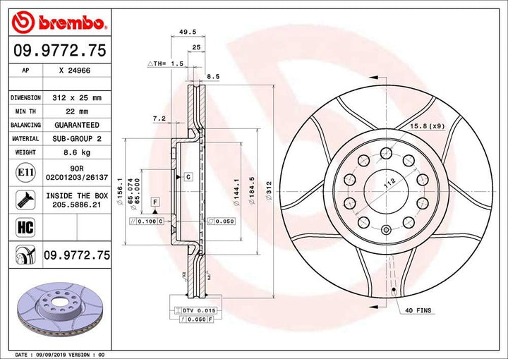 Brembo 09.9772.75 Vordere Bremsscheibe,1 Stück Single, Single
