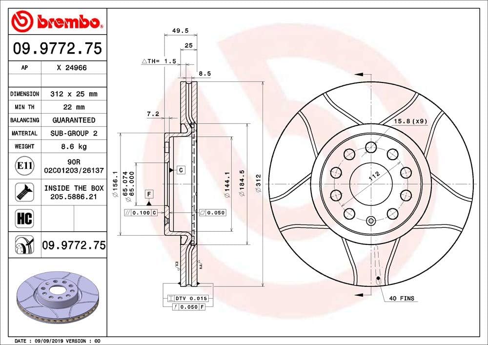 Brembo 09.9772.75 Vordere Bremsscheibe,1 Stück Single, Single