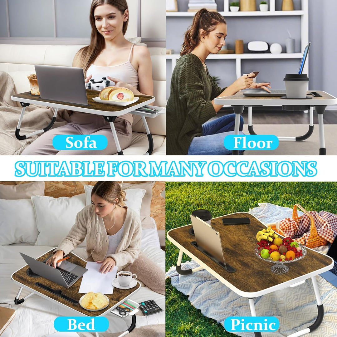 Soontrans Laptoptisch 60x40x28 cm, Laptop Tisch mit Schublade, Getränkehalter, Tablethalter, Klappba