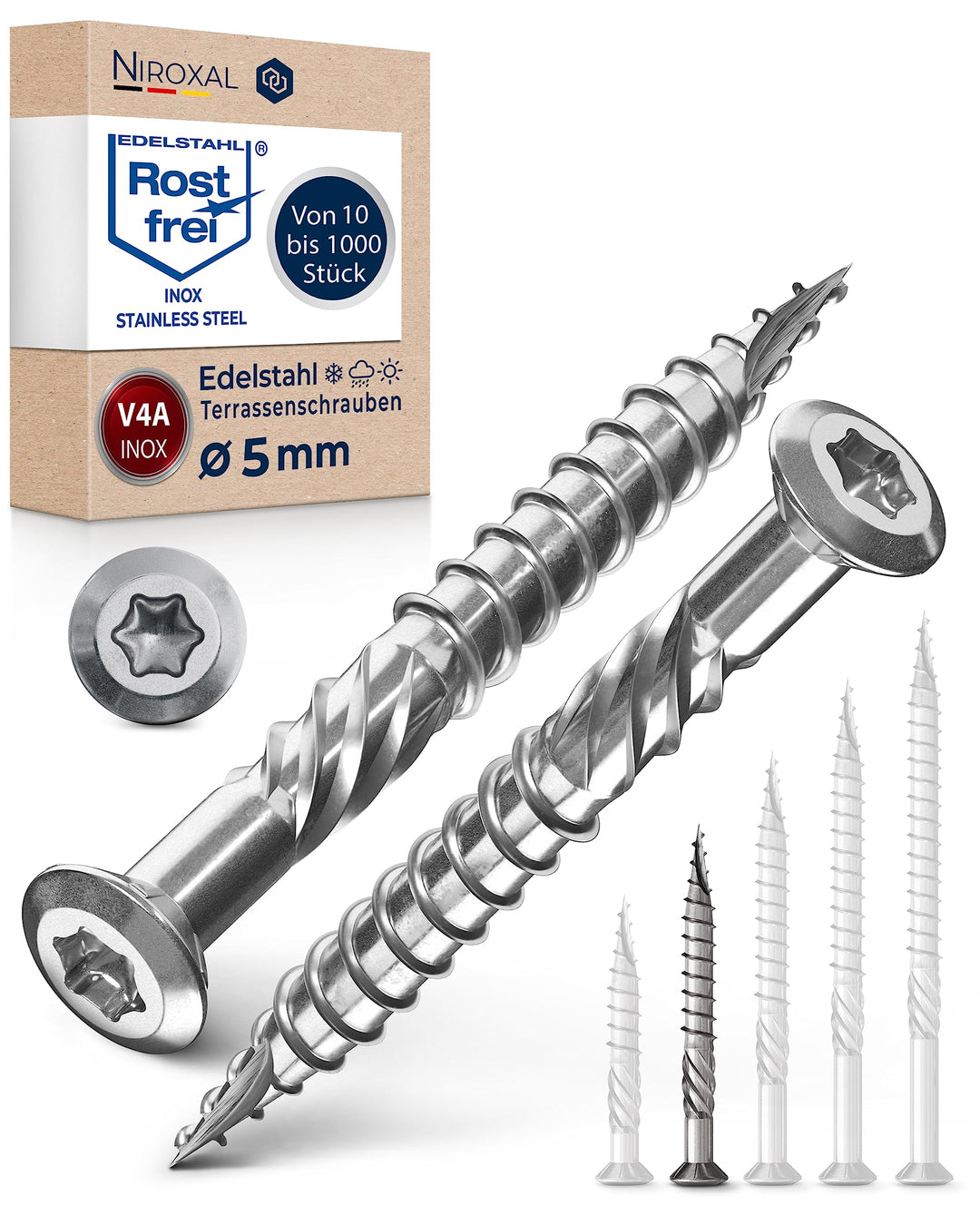 Terrassenschrauben 5x50 Edelstahl A4 Linsenkopfschrauben Torx Schrauben 5mm stark 400 Stück Holzschr
