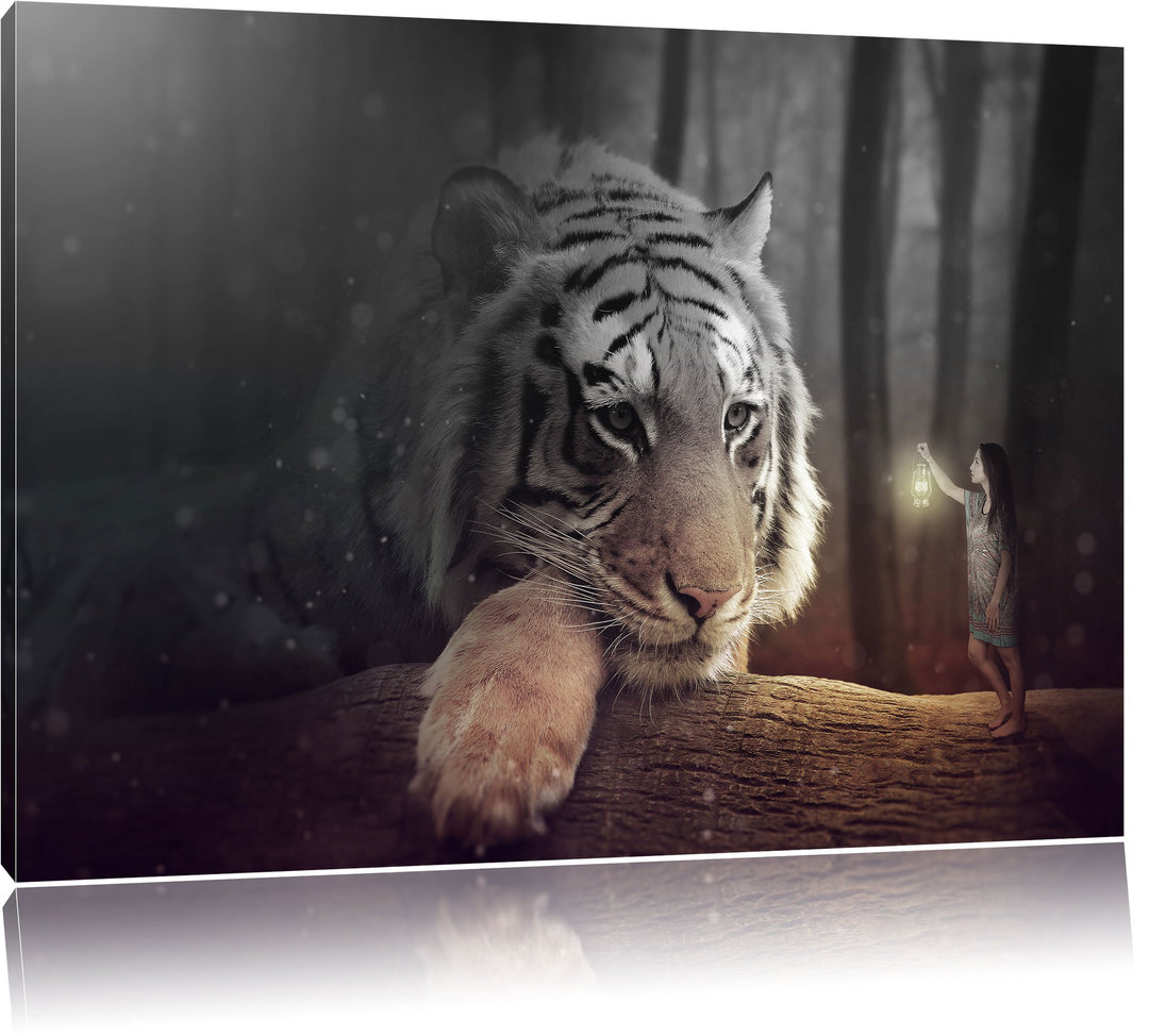 Pixxprint EIN Fantasy-Welt - eine Frau und EIN Riesen-Tiger B&W Detail, Format: 100x70 auf Leinwand,