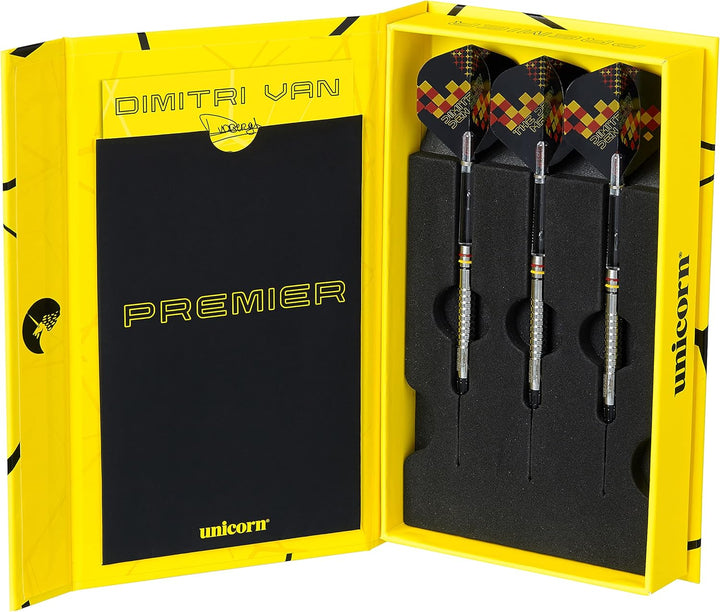 Unicorn Dart Set, Dimitri Van den Bergh, Premier, 90/70% Wolfram, Stahlspitze & Soft Tip, 18g bis 25