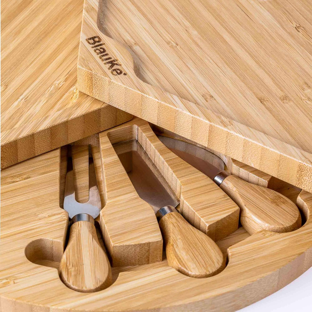 Bambus Käsebrett mit Käsemesser Set – 37cm Rund Servierplatte aus Holz für Käse und Häppchen – Drehp