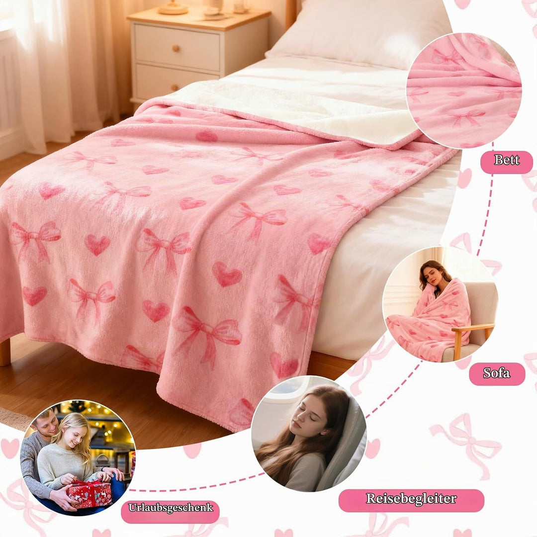Rosa Schleife Flauschig Kuscheldecke, Decke Aesthetic mit Schleifen und Herzen, Kuscheldecke 130x150