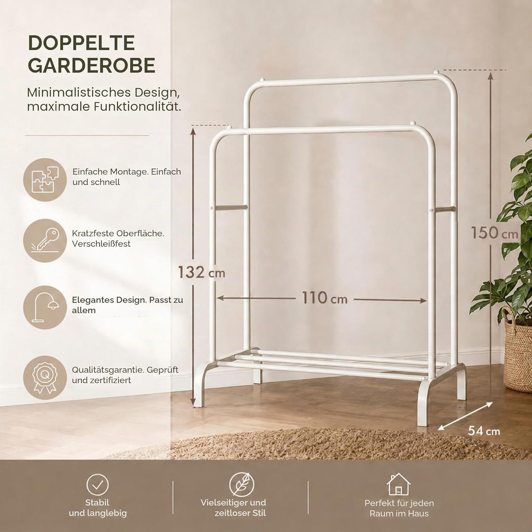 edihome, Kleiderständer, Kleiderstange, Doppelt, 110 x 150 x 54 cm, Schuhregal, Metallisch, Stabil,