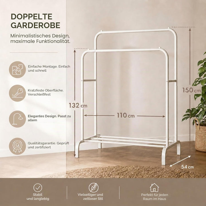 edihome, Kleiderständer, Kleiderstange, Doppelt, 110 x 150 x 54 cm, Schuhregal, Metallisch, Stabil,