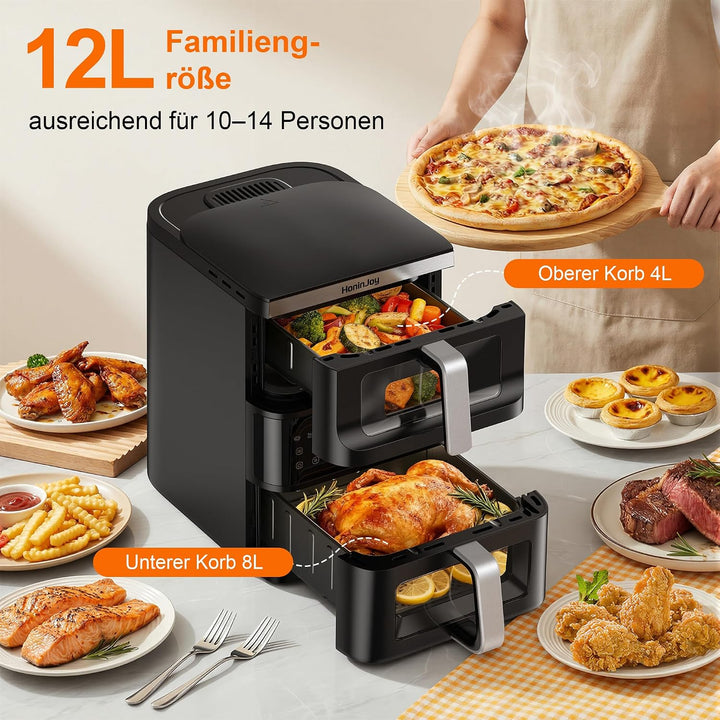 12L Air Fryer 2 Kammern,Vertikale Doppelkammer 10-in-1 Voreingestellten Programmen Heissluftfritteus