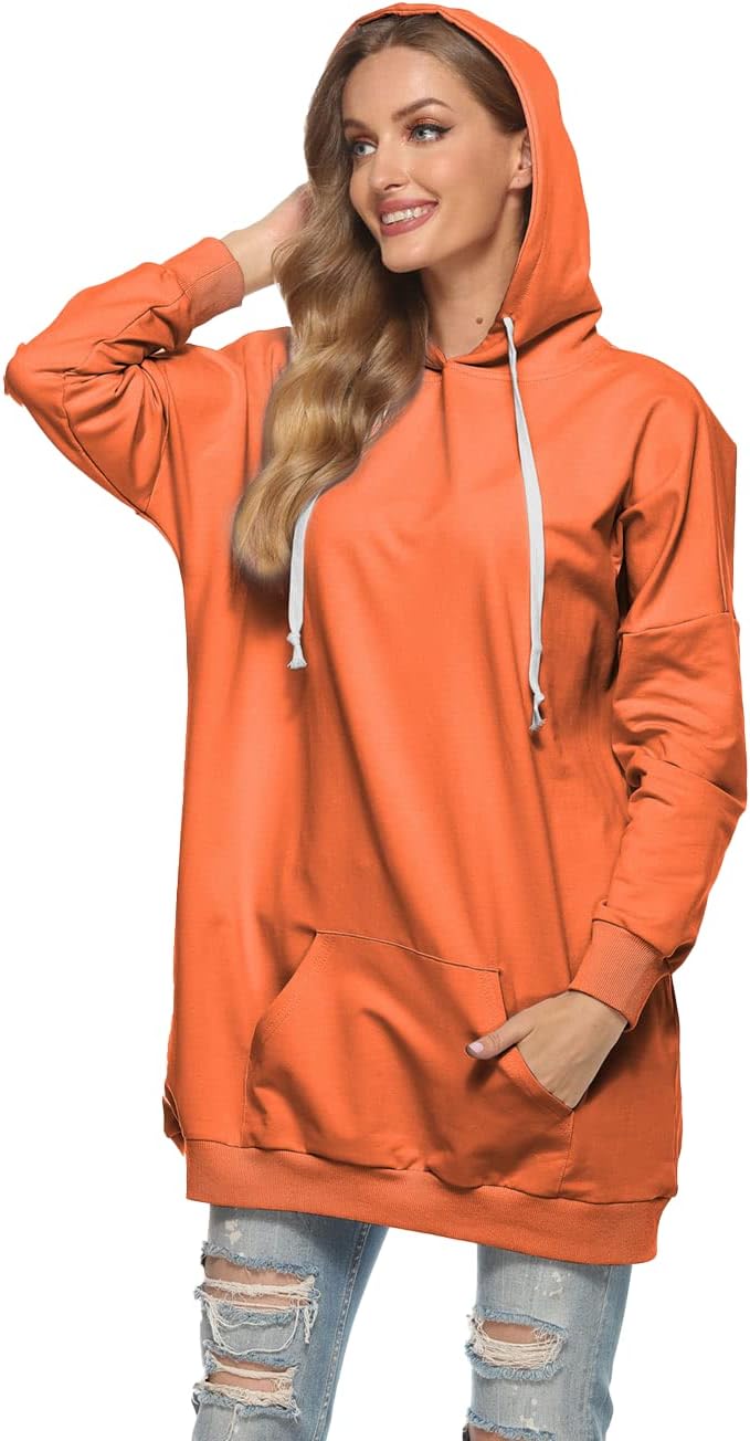 Famulily Damen Oversized Hoodie Kleid Baumwolle Lang Sweatshirt mit Kapuze Einfarbige Kapuzenpullove