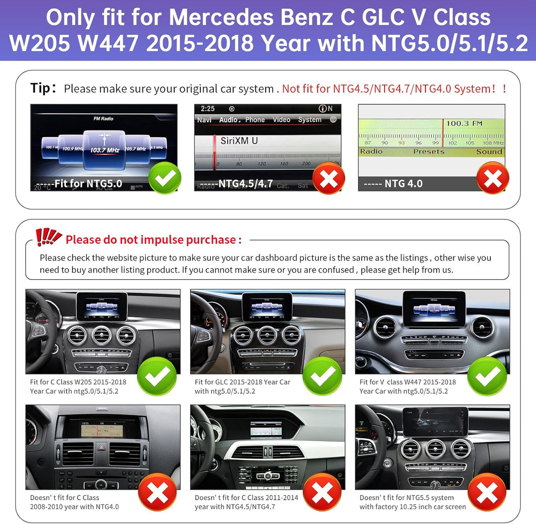 Road Top 10,25 Zoll Autoradio Drahtloses CarPlay Android Auto Touchscreen für Mercedes Benz C GLC V