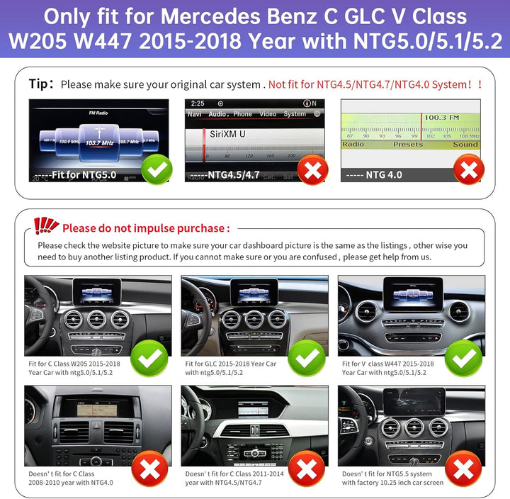 Road Top 10,25 Zoll Autoradio Drahtloses CarPlay Android Auto Touchscreen für Mercedes Benz C GLC V