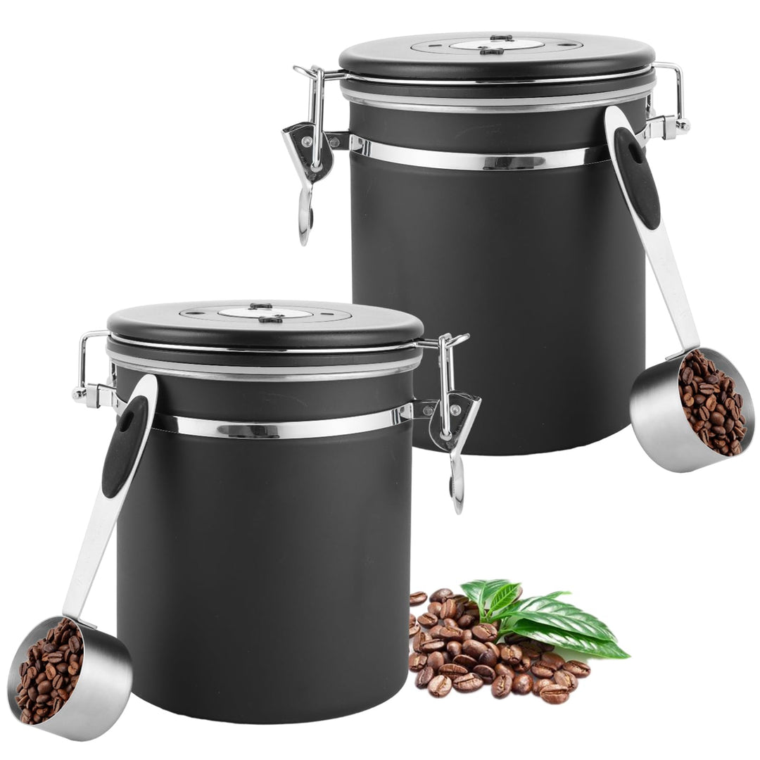 2er Kaffeedose Luftdicht aus Edelstahl, 1,5L KaffeebohnenbehäLter Mit EdelstahllöFfel Und Zeiterfass