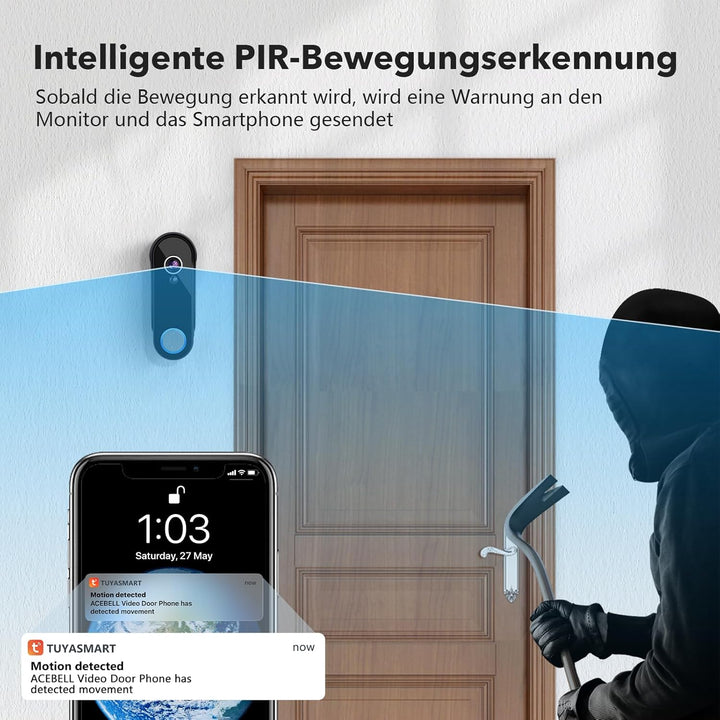 WLAN Video Türsprechanlage mit 7''Touchscreen, 1080P Kabellose Türklingel mit Kamera und Monitor,Bew