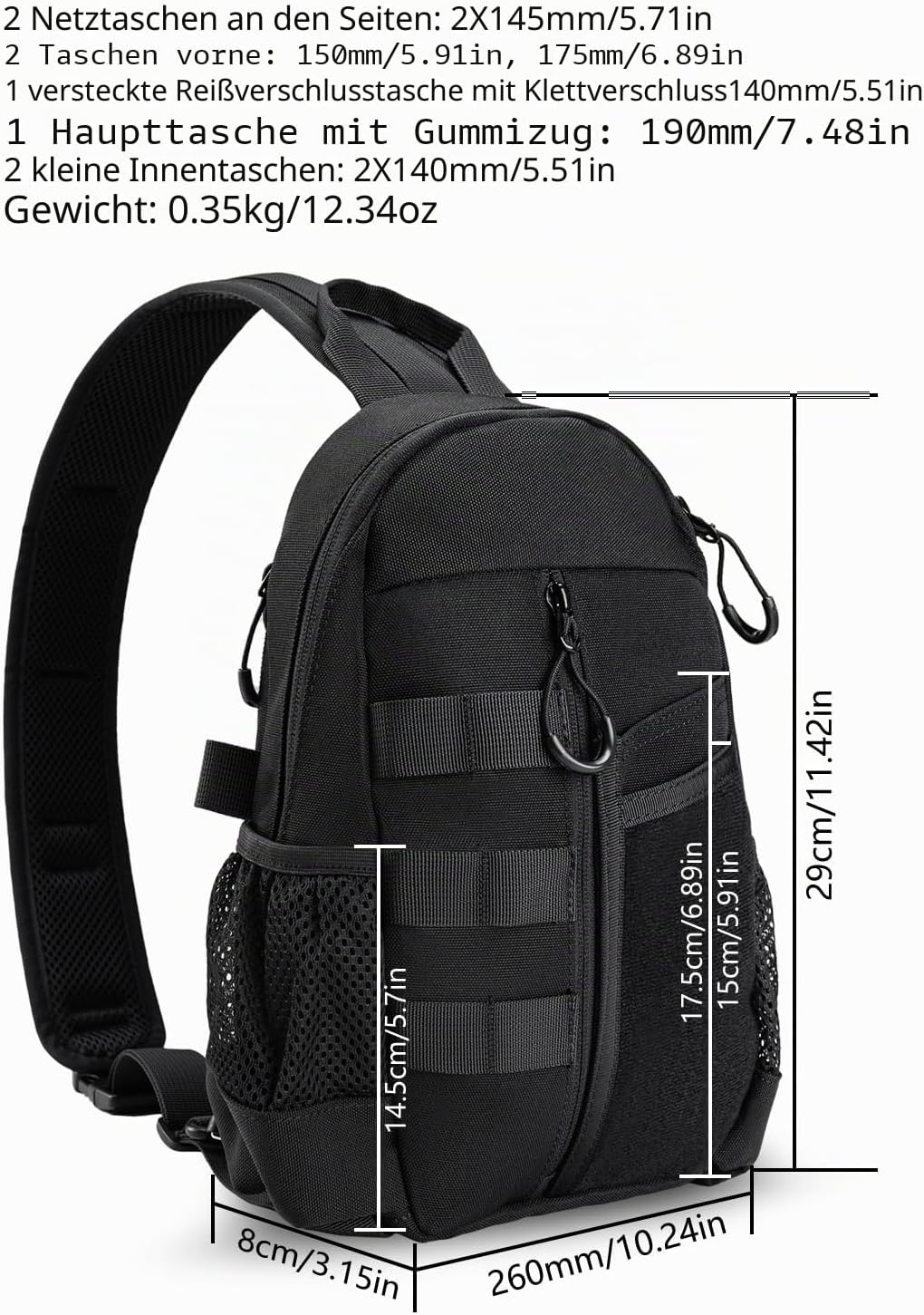 VIPERADE CHS1 EDC Brusttasche Herren Schultertasche,Leichter Sling Bag Klein Sling Rucksack mit vers