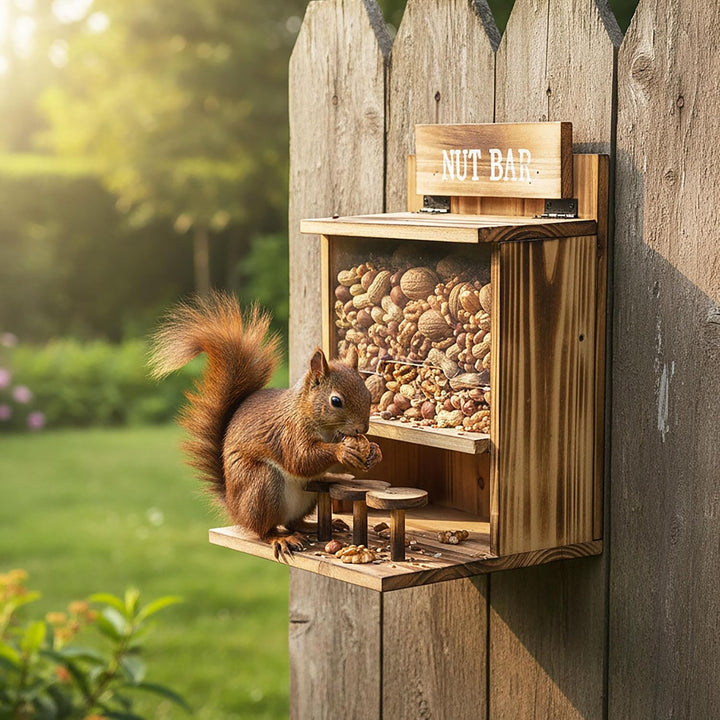 Eichhörnchen Futterstation NUT BAR aus Holz - 32 x 24 cm - Garten Deko Futterspender mit Klappdeckel