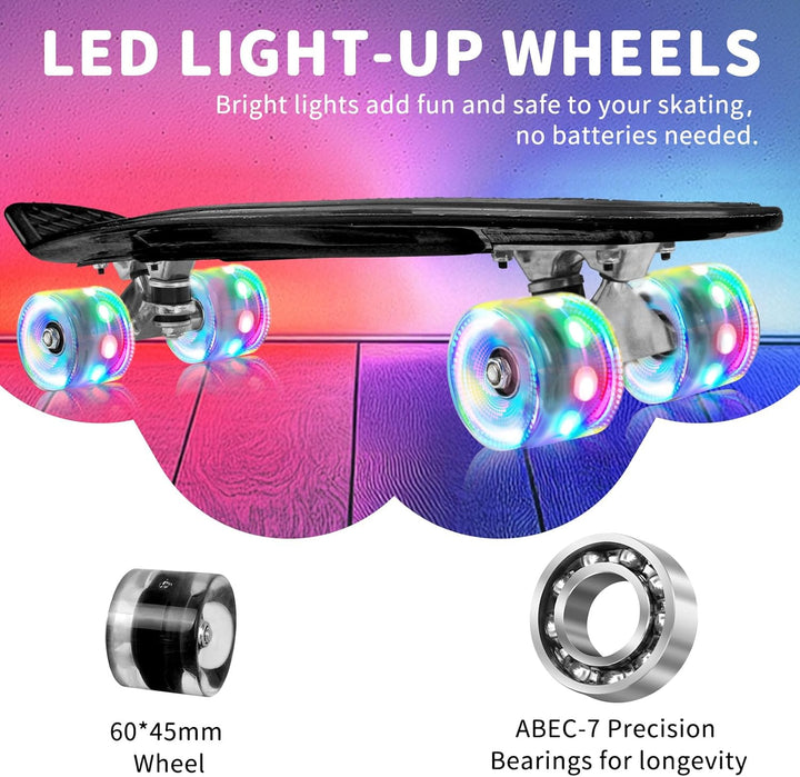 BELEEV Skateboard Komplette 22 Zoll Mini Cruiser Skateboard für Kinder Jugendliche Erwachsene, LED L