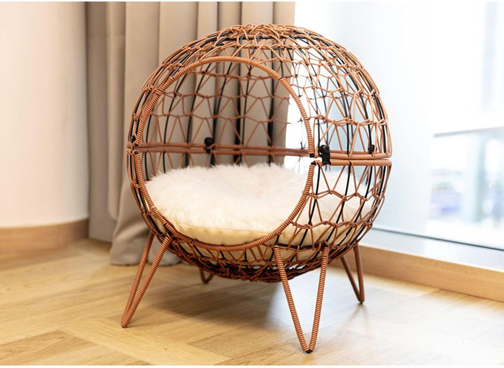 BURI Heimtier Schlafkörbchen Rattan mit Kissen 45x50cm Katze Katzenbett Kugel Schlafplatz