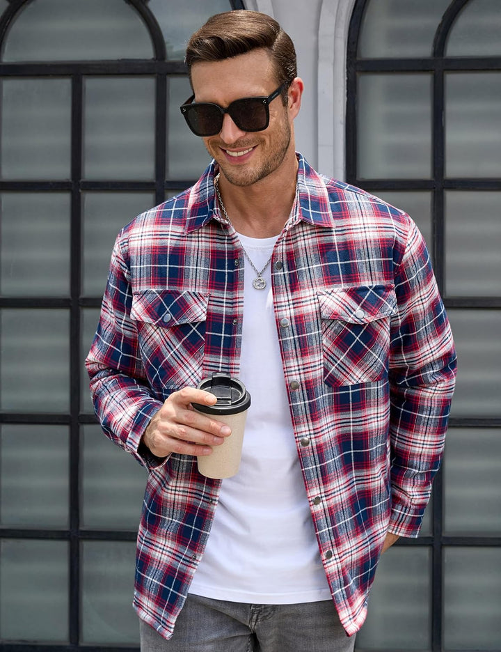 TACVASEN Herren Karierte Hemdjacke Flanellhemd Holzfällerhemd Thermohemd Jacke XXL Rot Weiss, XXL Ro