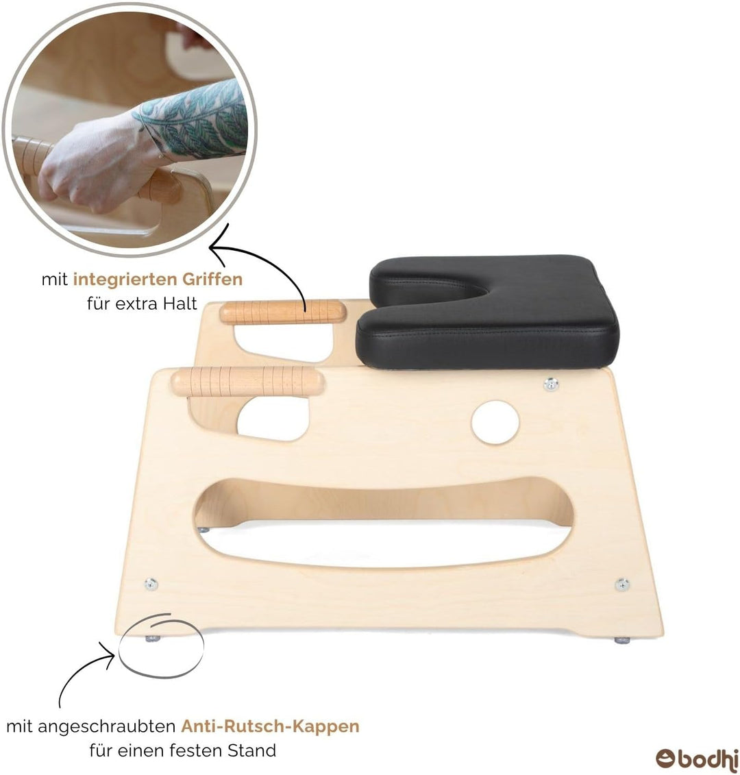 Bodhi Kopfstandhocker| Yoga Hocker aus Holz mit praktischen Griffen | Yogastuhl mit Polster für Umke