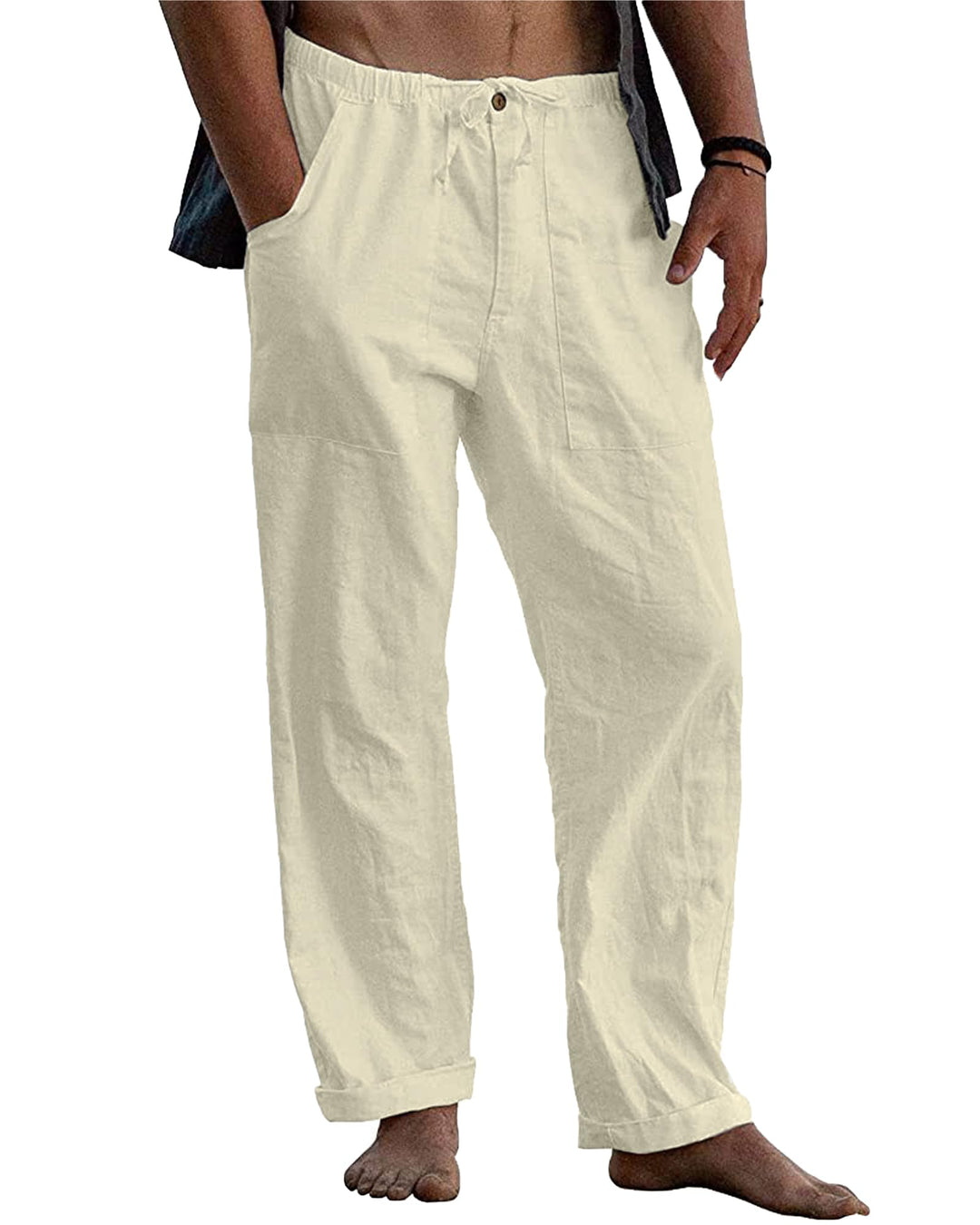 LVCBL Leinenhose Herren Sommer Herbst Lose Lässige Leinenhose mit Taschen Elastischer Bund M Beige,