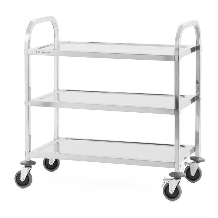 TECHNICA PRESTONA Servierwagen Edelstahl 3 Etagen mit Rollen & Bremse Quadratischer Griff 850x450x90