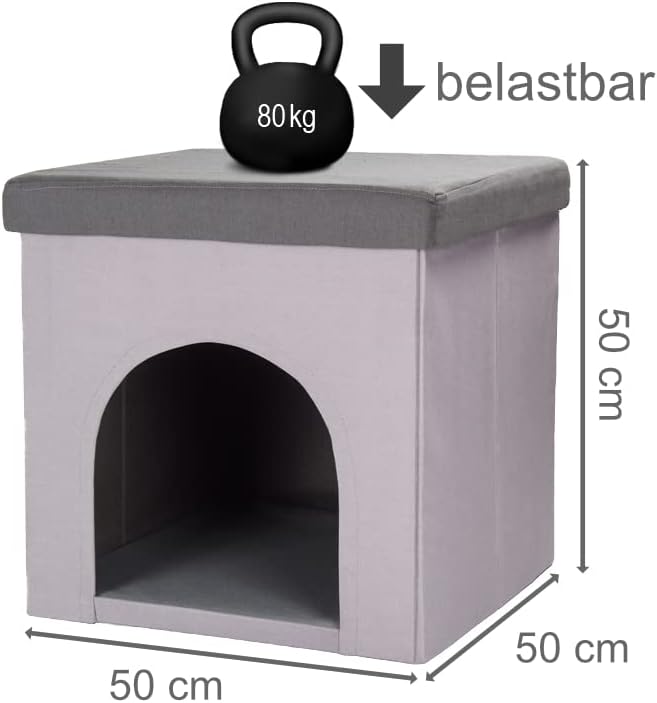 Hunde- &amp; Katzenhöhle Hocker, grau, 50x50x50 cm, Indoor | Multifunktionale Hunde- und Katzenhöhle mit