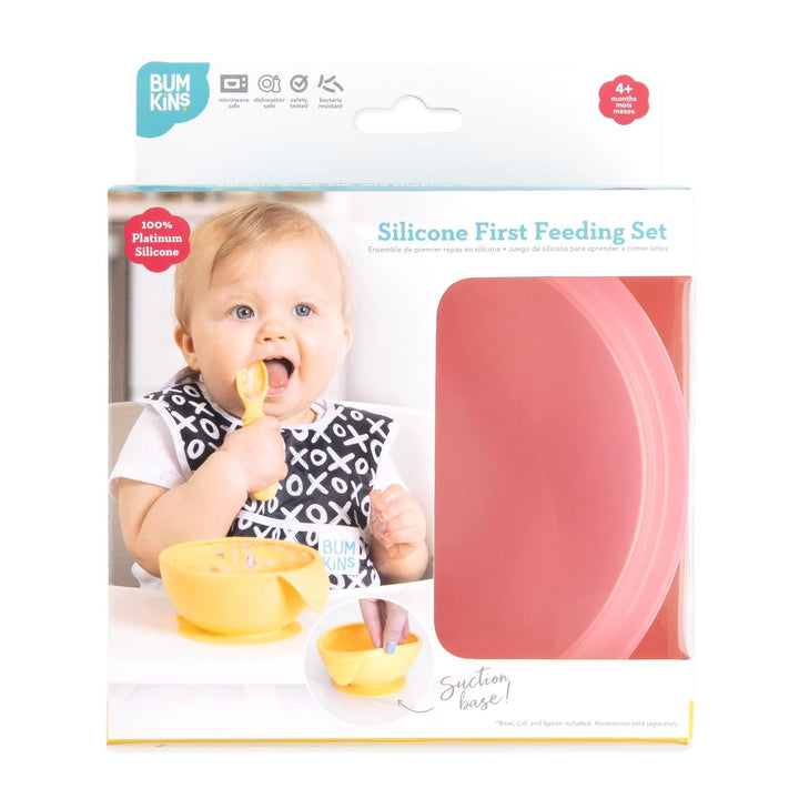Bumkins - Erstes Baby Fütterungsset aus Silikon mit Saugnapf, Deckel und Löffel, Rosa Jelly, BPA-fre