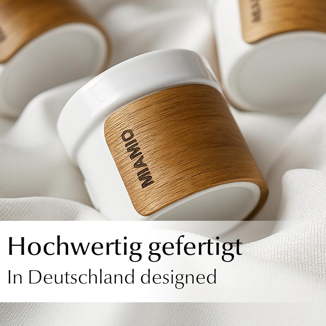 MIAMIO – Espressotassen 4er Set (100 ml) mit abnehmbarer Holzmanschette/Keramik Tassen ohne Henkel,