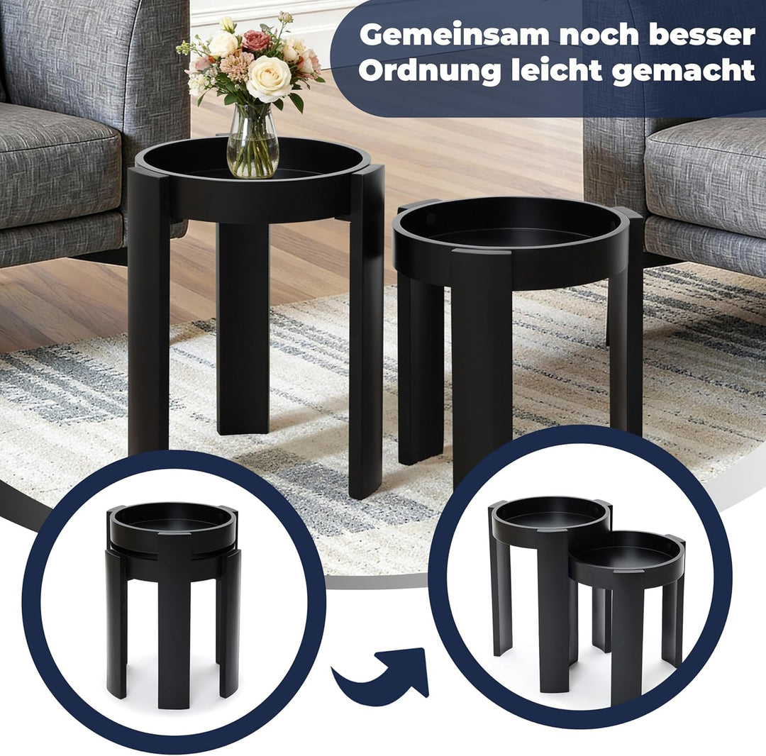 Hometopia 2er Holz Beistelltisch Schwarz mit Tablett, Couchtisch Rund | Runde Satztische aus MDF,Nes