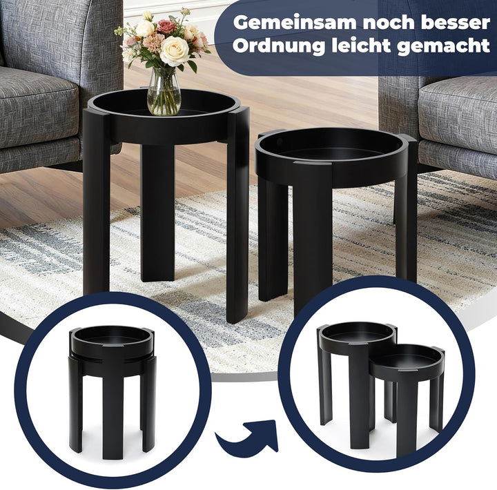 Hometopia 2er Holz Beistelltisch Schwarz mit Tablett, Couchtisch Rund | Runde Satztische aus MDF,Nes