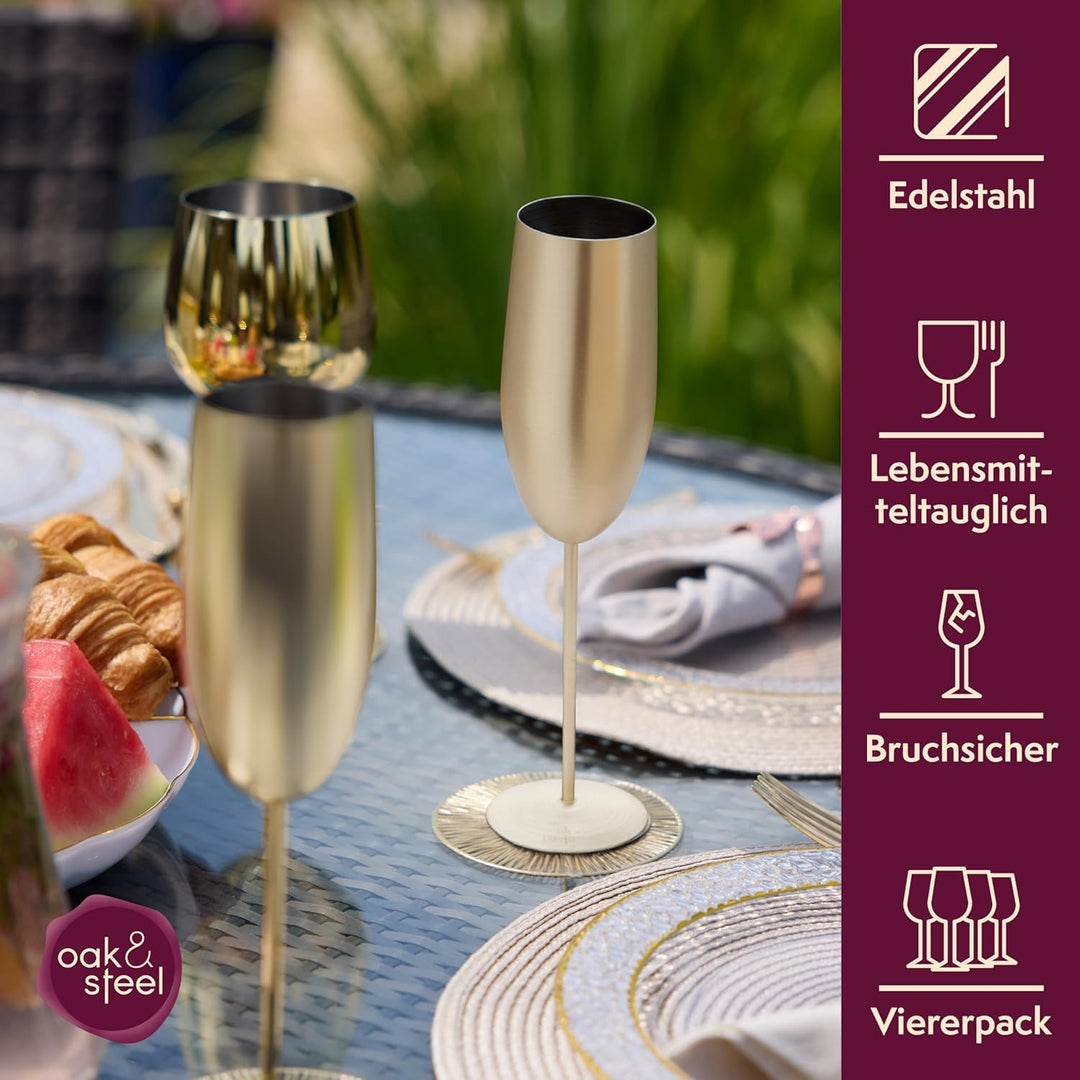 Oak & Steel - 4 Edelstahl Sektgläser (285ml), Champagner & Prosecco Gläser - Gold Matte - Robust & U