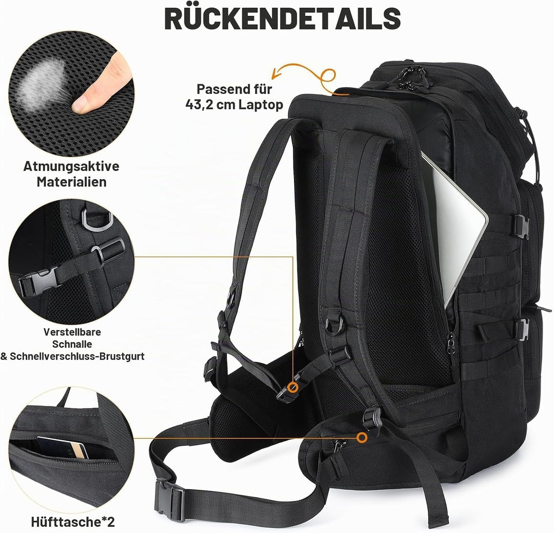 VINBAGGE Molle Rucksack Herren Wanderrucksack Taktischer Backpack Schulrucksack 900D Nylon Mehrere T