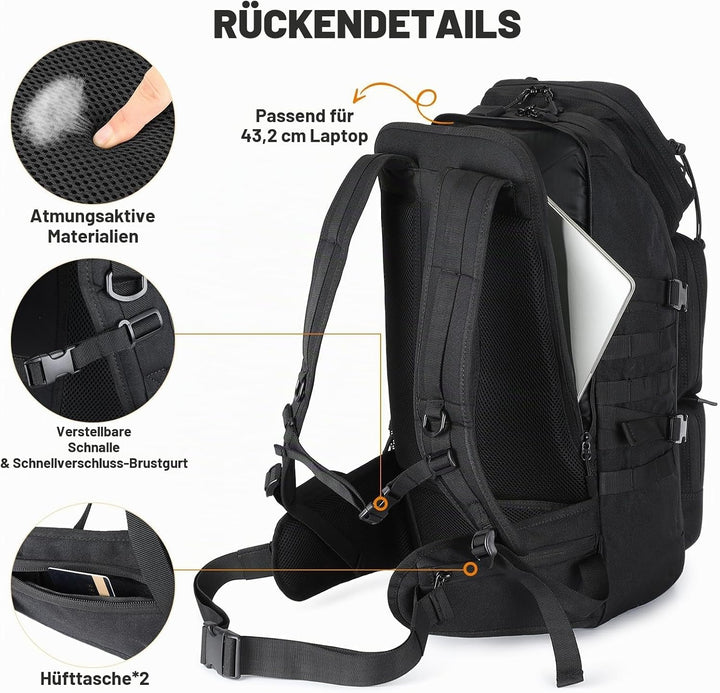 VINBAGGE Molle Rucksack Herren Wanderrucksack Taktischer Backpack Schulrucksack 900D Nylon Mehrere T
