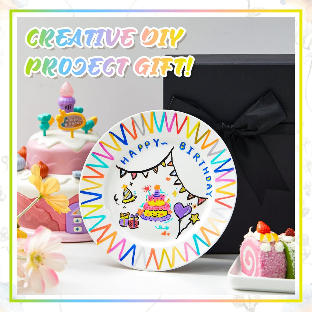 Sinmoe DIY Keramik Bemalen Set 3 Keramikplatte Weiss Servierplatte Salatteller 12 Porzellanstifte Sp