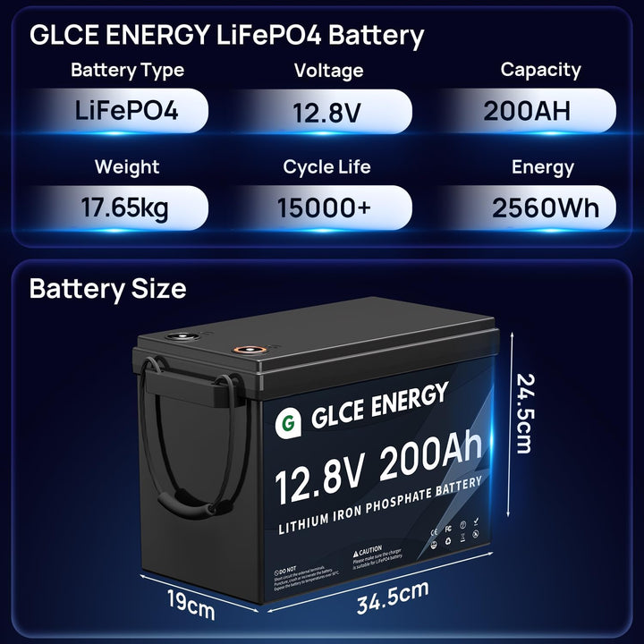 GLCE ENERGY LiFePO4 Batterie 12V 200Ah [Mini-Version],4000~15000+Deep Cycle Batterie mit Smart BMS f