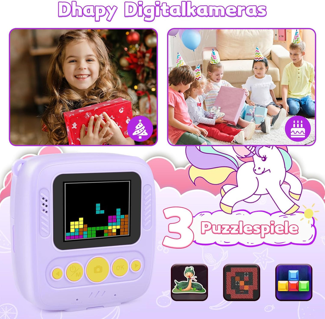 Dhapy sofortbildkamera Kinder, 48MP Kinderkamera Sofortbildkamera mit Druckpapier & 32 G TF Karte, 1