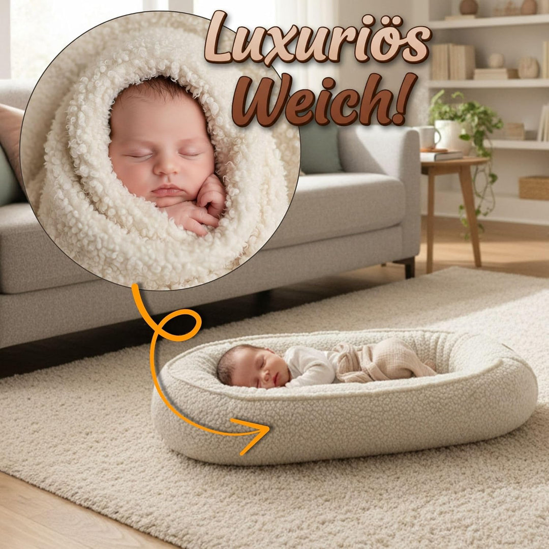Babynest Nestchen Baby aus Teddy Plüsch 90x50 cm - Babynestchen Neugeborene Nest für Kinder Bett und
