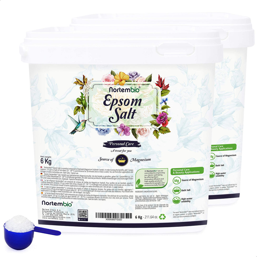 Nortembio Epsom Salz 2x6 Kg. Konzentrierte Quelle von Natürlichem Magnesium. 100% Reines Badesalz, K