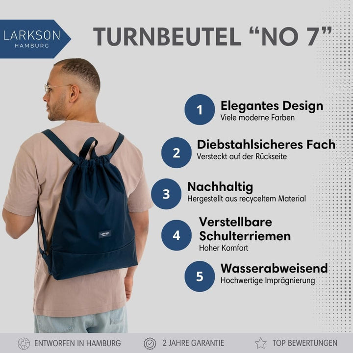 LARKSON Turnbeutel Damen &amp; Herren Dunkelblau - No 7 - Rucksack Damen für Sport und Festival - Beutel