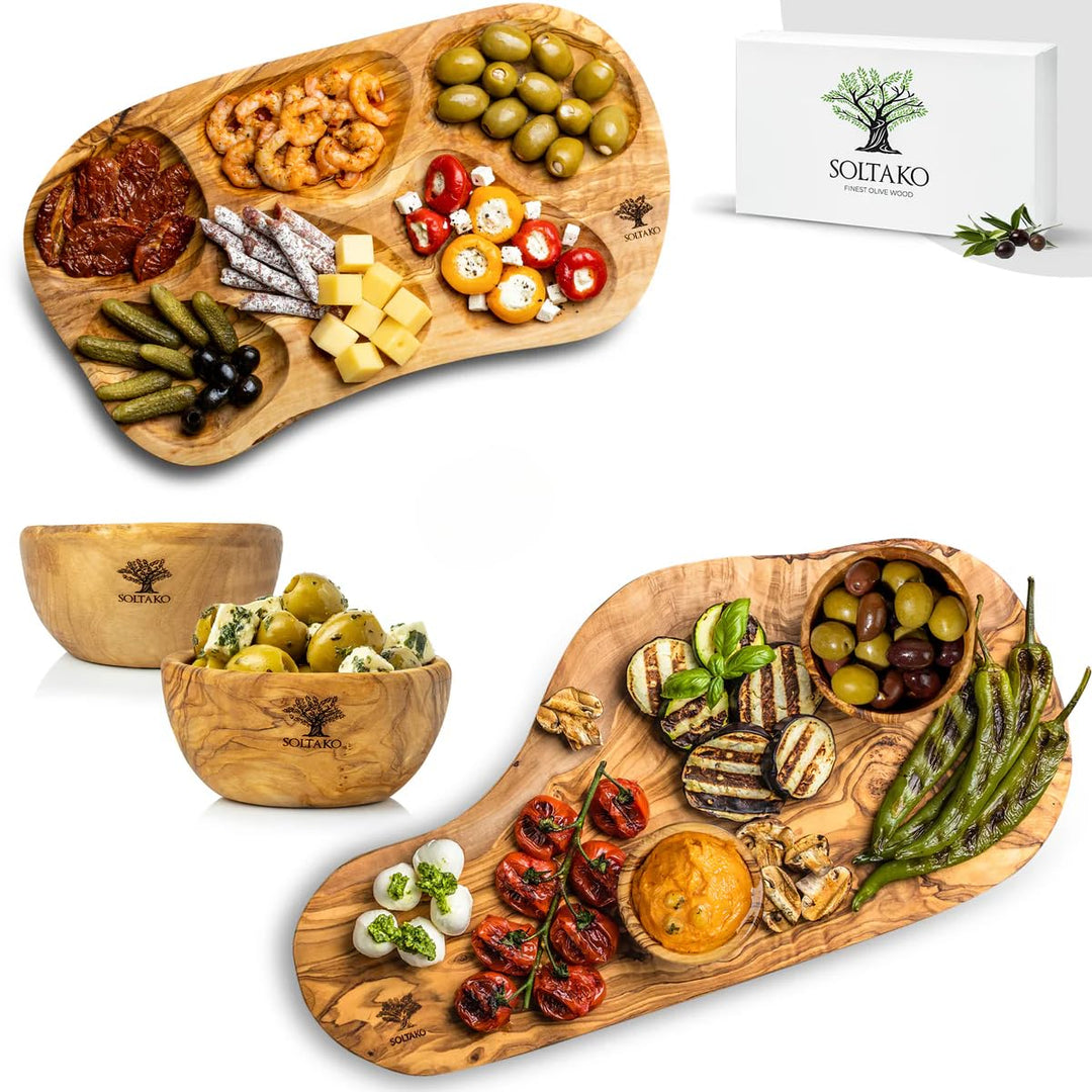 SOLTAKO Olivenholz Geschenksset ideal für Tapas und Brotzeit Bundles Catania 45cm + Hummus Lover 2er