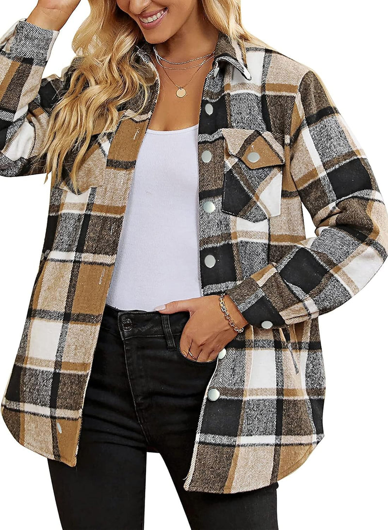 Timuspo Damen Flanell Karierte Hemdjacke Lange Ärmel Baumwolle Revers Button-Down-Bluse Shacket Mant