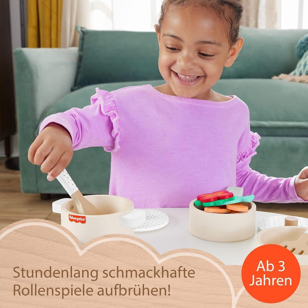 Fisher-Price Kochgeschirr-Set aus Holz für Rollenspiele, 19 Holzteile für Kindergartenkinder ab drei